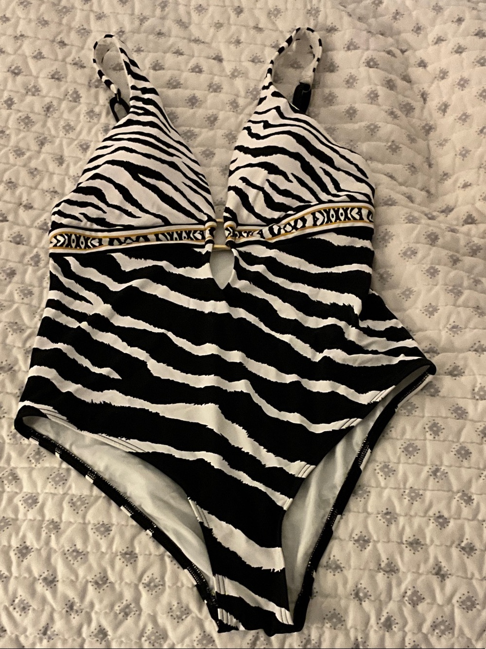 Zebra-Print-Piece Swimsuit with Gold-Accent Trim
